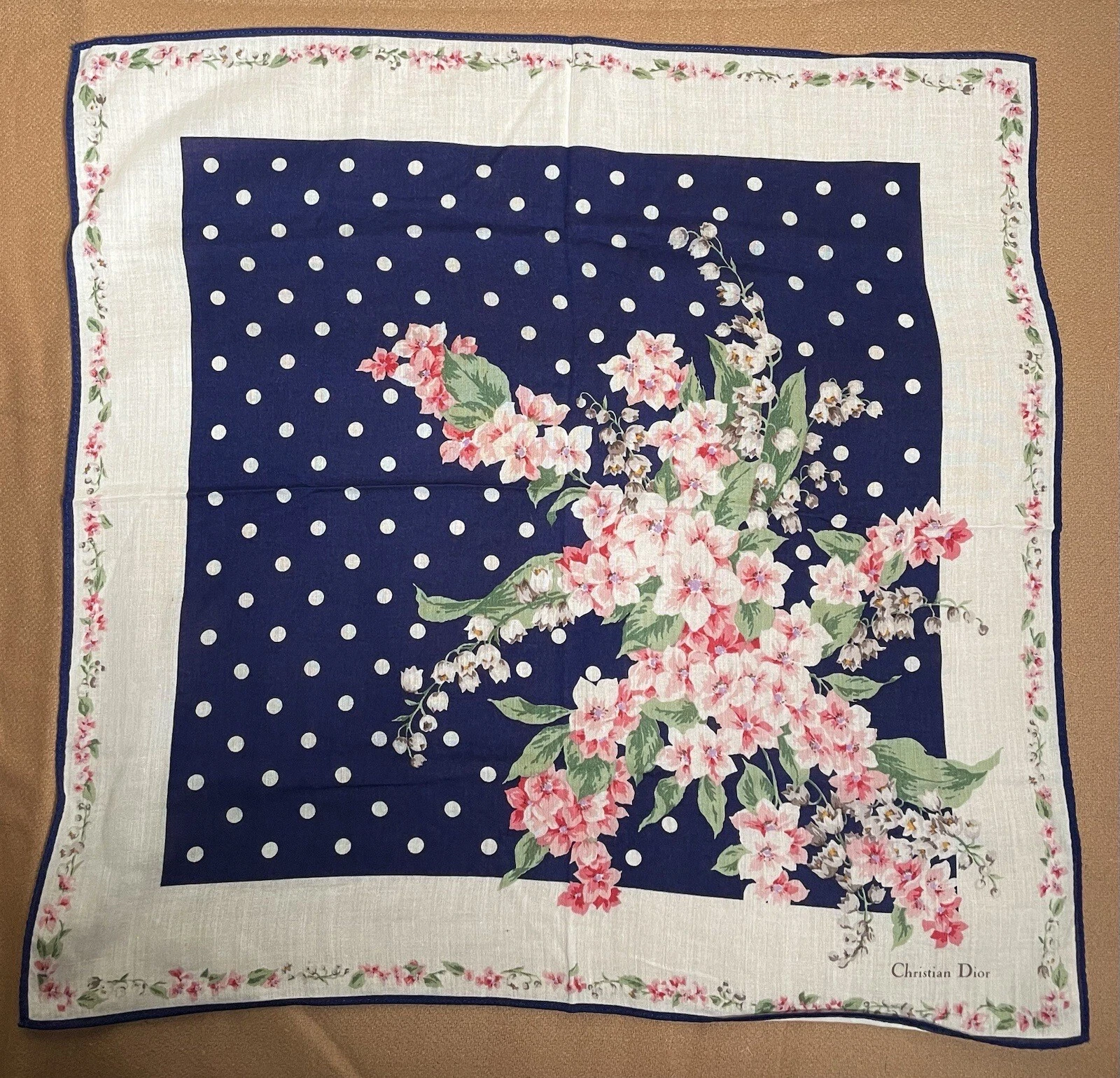 Foulard femme Christian Dior fleurs pois floral NEUF 18 POUCES mouchoir