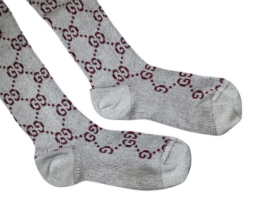 Gucci NEW Interlocking GG Logo Glitter Lurex Metallic Knit Beige Knee Socks Med - Picture 3 of 4