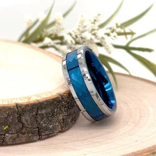 8mm Hammered Blue IP Tungsten Style Ring Silver High Polished Beveled Edge Band