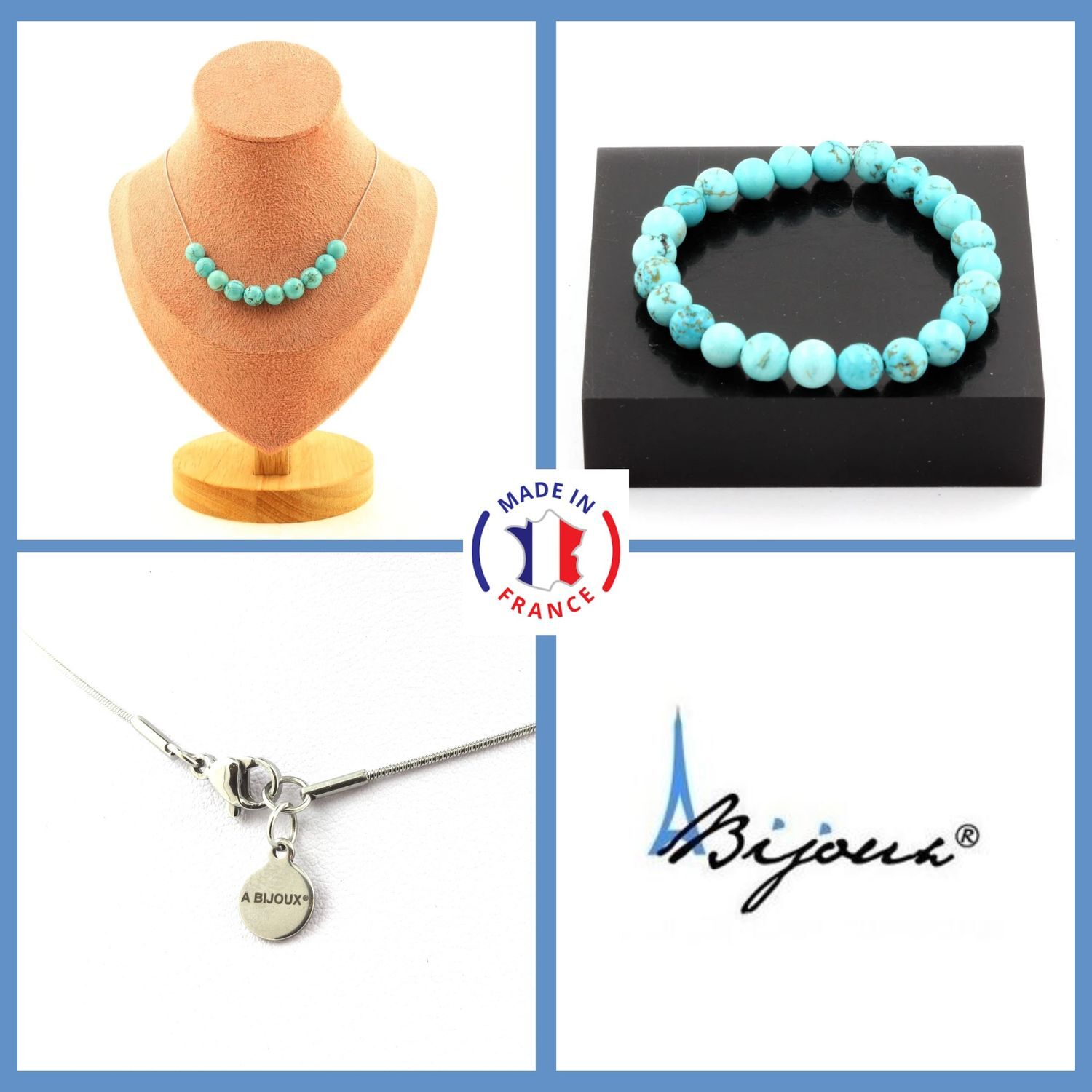 Parure bijoux collier 10 perles howlite turquoise 8mm en pierres naturelles choisies