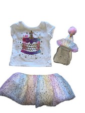 Girls size 12-18 months 1st birthday 3 pc skirt top hat tutu cake print