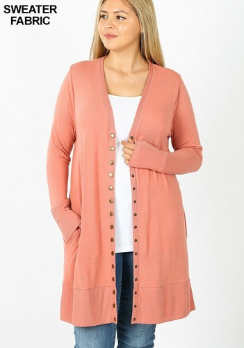 1X 2X 3X Snap Button Hip or Thigh Length Long Sweater Cardigan with Side Pockets - 第 23/69 張圖片