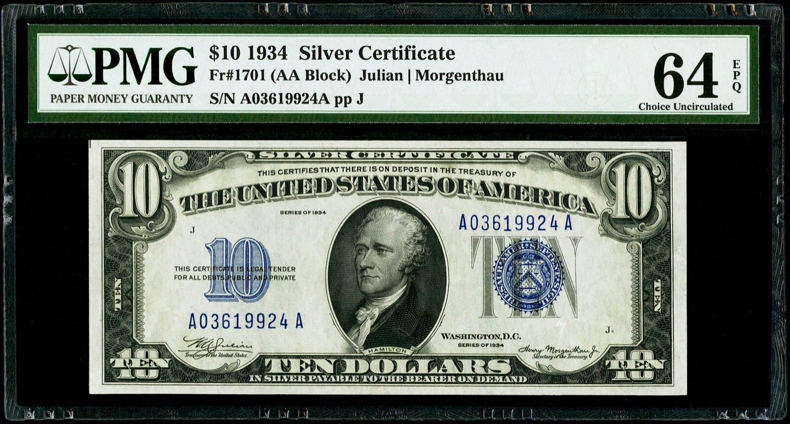 $10 1934 Silver Certificate Fr#1701 (AA Block) PMG 64 EPQ Choice Uncirculated
