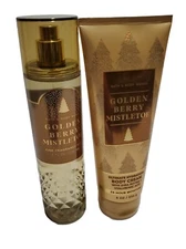 2 PCS SET BATH & BODY WORKS GOLDEN BERRY MISTLETOE FRAGRANCE MIST & BODY CREAM 