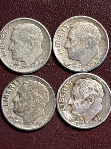 1952 1960 1959d 1960d silver roosevelt Dimes Lot Of 4 Coins