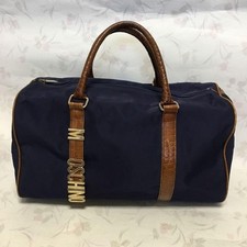 Vintage MOSCHINO Boston Bag Navy Brown Nylon Leather Handbag