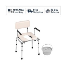 Bedside Commode Chair Padded Seat Drop Down Arms 350 LB Capacity Portable Toilet