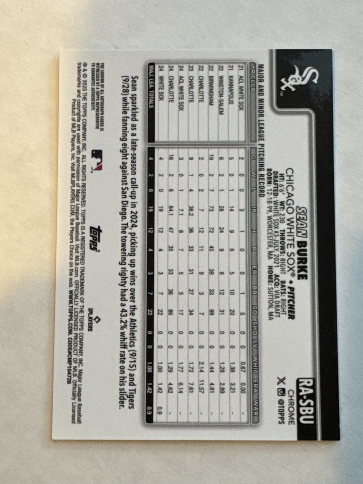 2025 Topps Chrome Sean Burke Auto #RA-SBU Gold Refractor #48/50 RC ~ White Sox view 3