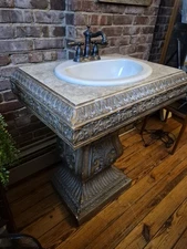 Vintage Pedestal Sink – Solid Wood Base & Granite Top – Fully Functional