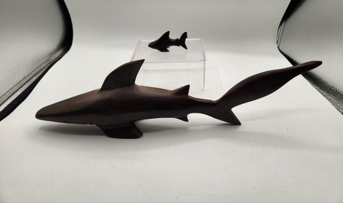 Carved Ironwood Adult / Baby Shark Sculpture Figurine MCM Dark Wood Fish Decor
