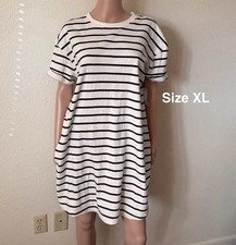 Time and Tru Women's Cotton T-Shirt Dress with Short Sleeves, XL, Navy Stripe