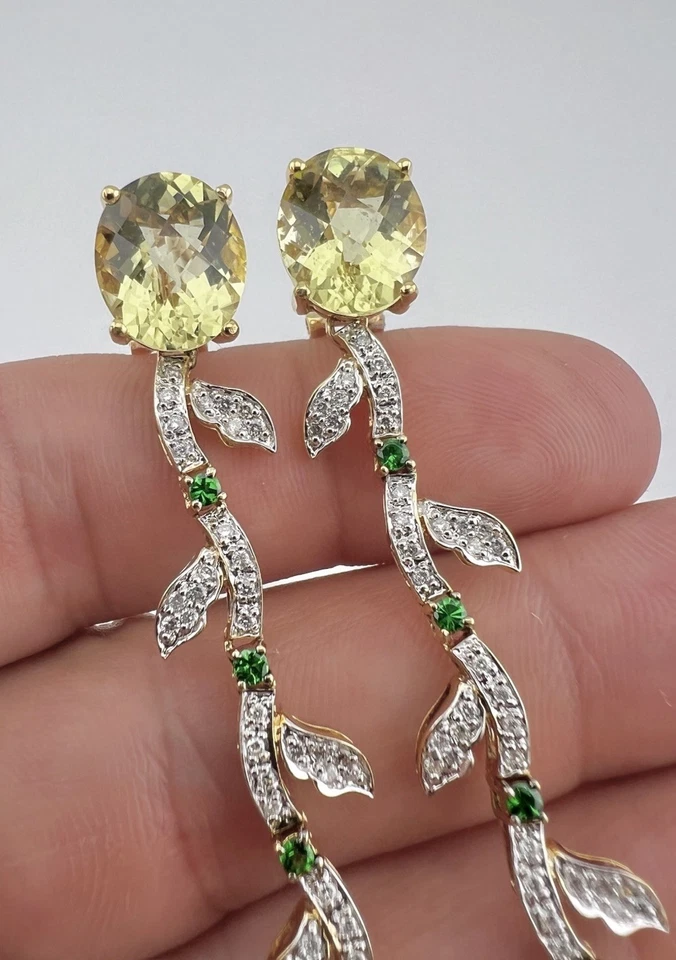 18k Yellow Gold Tsavorite Diamond Lemon Quartz Omega Back Dangle Earrings 3 1/8" - Image 3 of 4