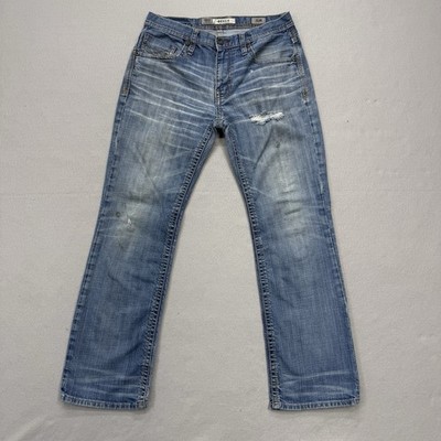 BKE Buckle Derek Jeans Mens 32R Straight Leg Blue Medium Wash Denim Distressed