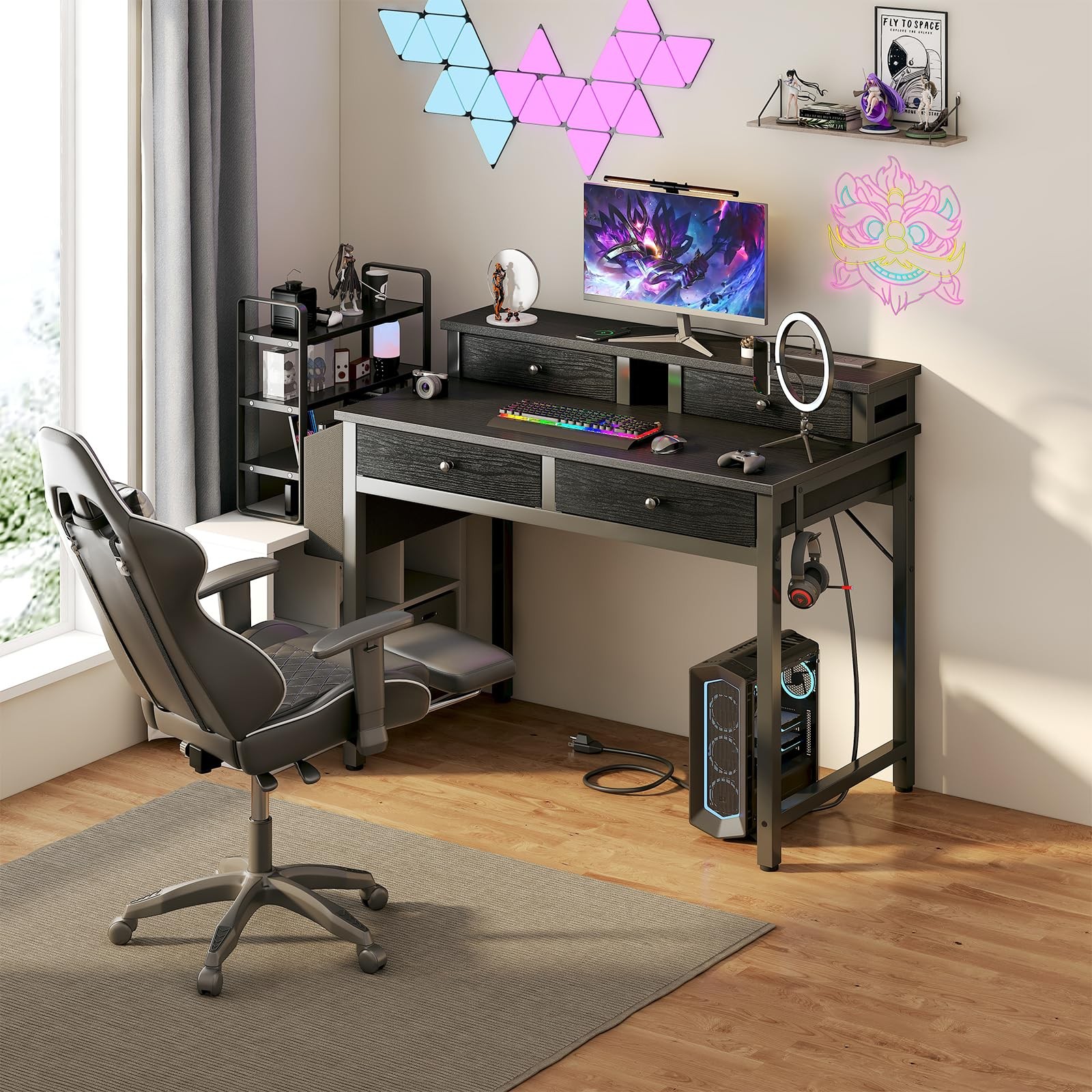 Small Desk with Drawers for Home Office Bedroom, 31 inch Black Writing Study ...