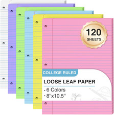 120 Sheets Loose Leaf Paper 8 X 10.5, 6 Color...