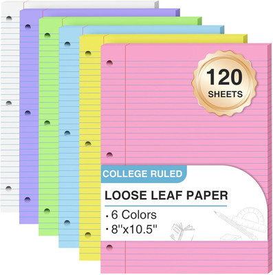 120 Sheets Loose Leaf Paper 8 X 10.5, 6 Colors Lined Paper College Ruled, 3-Hole
