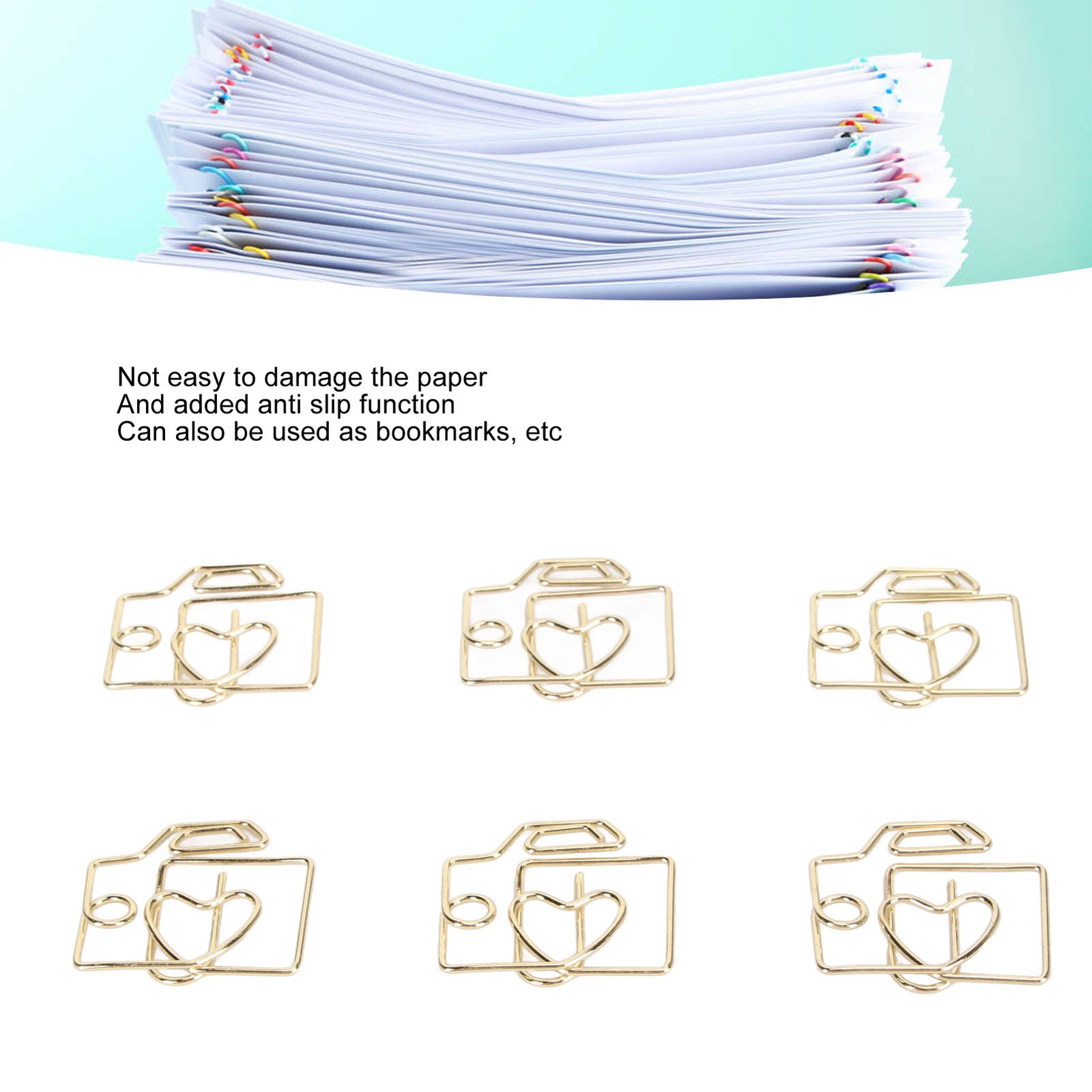 100pcs Paper Clips Prevent Slip Camera Shaped Decorative Metal Small Bookmark Pa