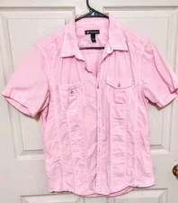 Womens Size L Pink Western Rodeo Cowgirl Ruched Button Cottagecore Blouse Top