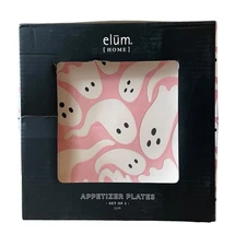 Halloween GHOST Appetizer Plates 7.5in Set of 4 Ceramic Pink & Purple NEW