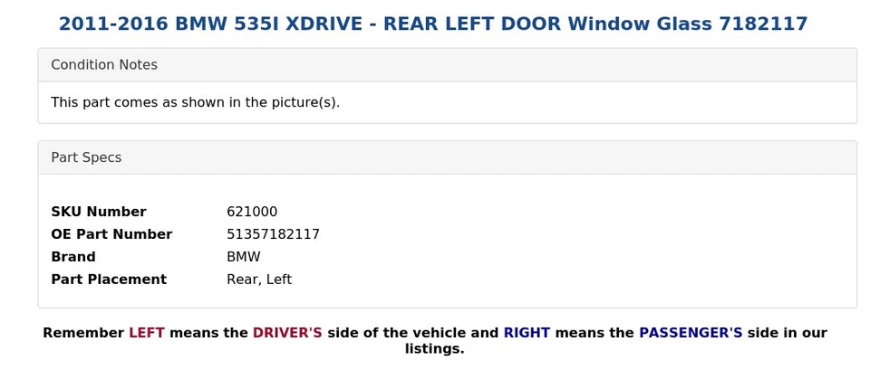 BMW 535I XDRIVE 2011-2016 - PUERTA TRASERA IZQUIERDA VENTANA CRISTAL 7182117 Foto 3 de 4