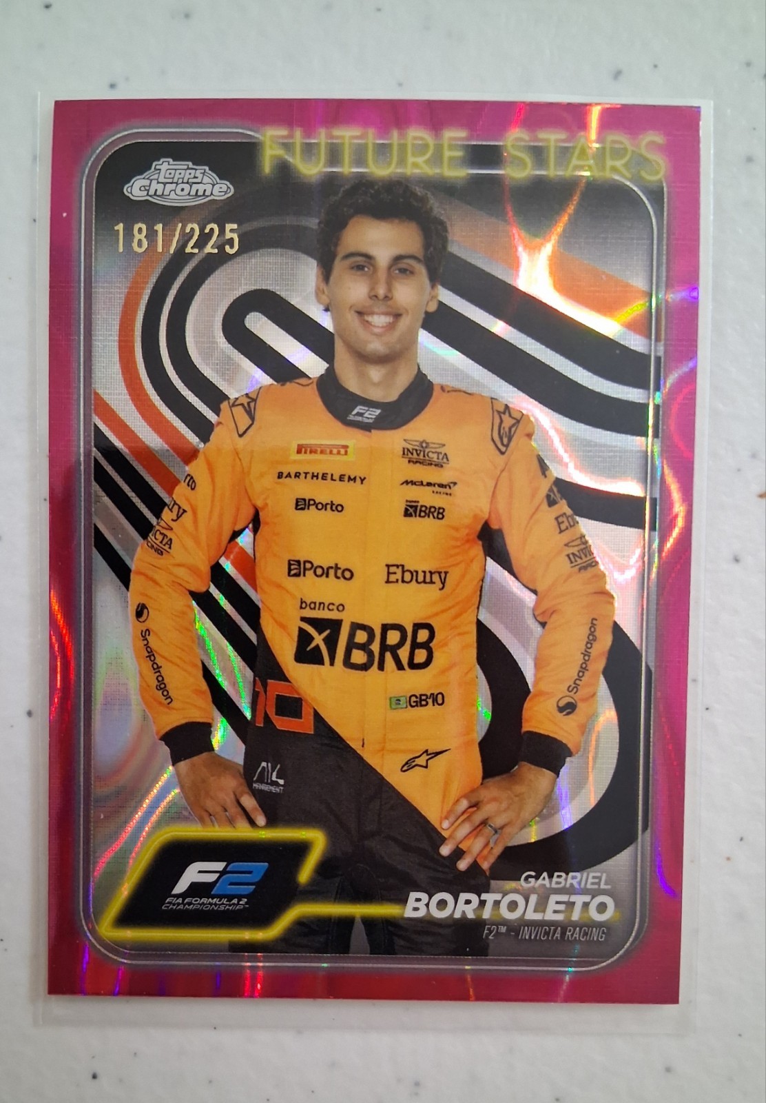 2024 Topps Chrome F1 Future Stars Gabriel Bortoleto #28 Fuchsia Refractor #/225