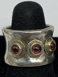 Sterling Silver Hammered Garnet Wide Band Ring 9.1g