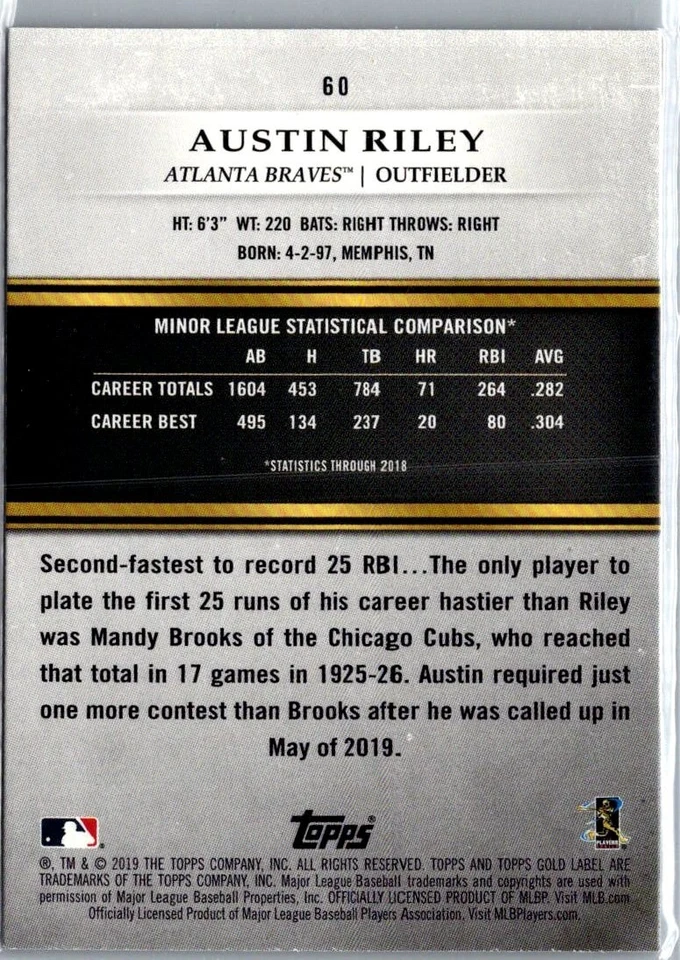2019 Topps Gold Label Atlanta Braves Austin Riley Class 2 Black Rc - Image 2 of 2