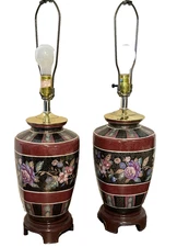 Pair Vintage Floral Chinoiserie Porcelain Table Lamps 70s Ginger Jar Style 19"