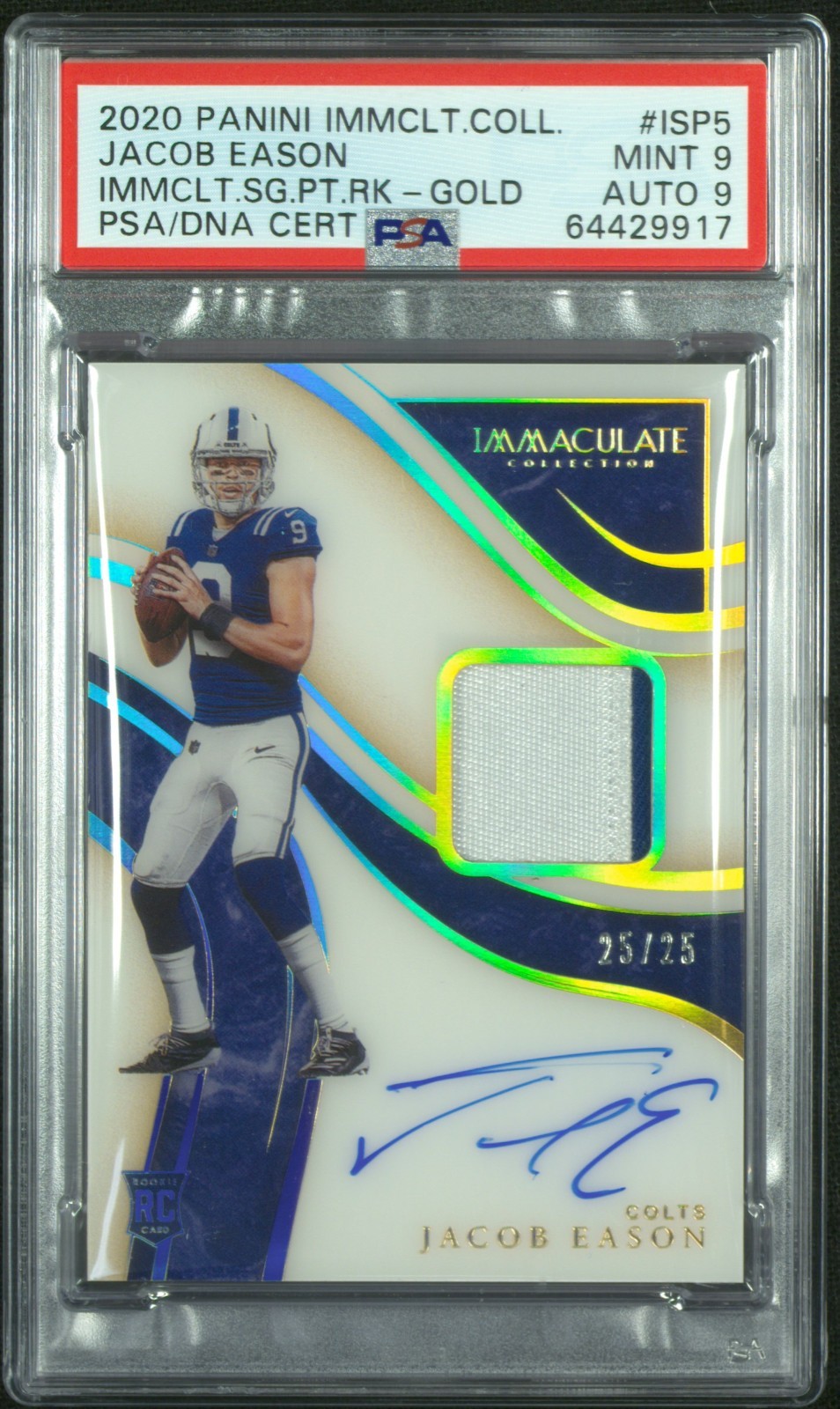 2020 Panini Immaculate Jacob Eason Gold RC Patch Auto RPA 1/25 — PSA 9 / Auto 9