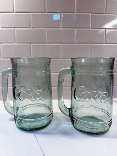 Coca Cola Coke Green Glass Mug Set Embossed Handles Vintage Style Set Of 2