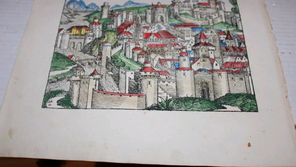 Antique 15th c. German NUREMBERG CHRONICAL of Pisa leaf, 1492 - Image 2 of 4