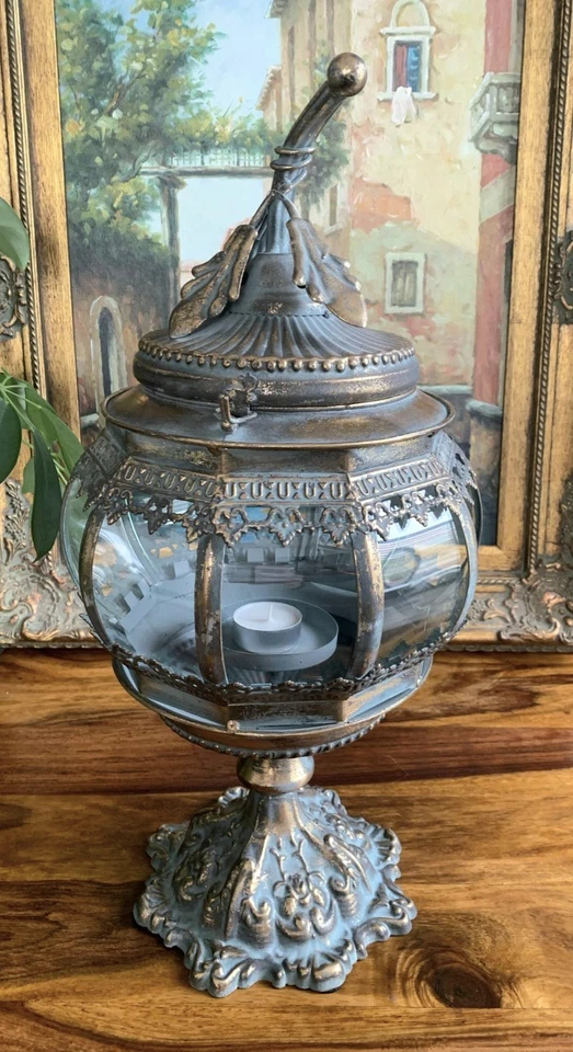 Jugendstil Laterne Windlicht Glas Metall Landhaus Laterne 46 cm Antik Stil Deko - Bild 3 von 4
