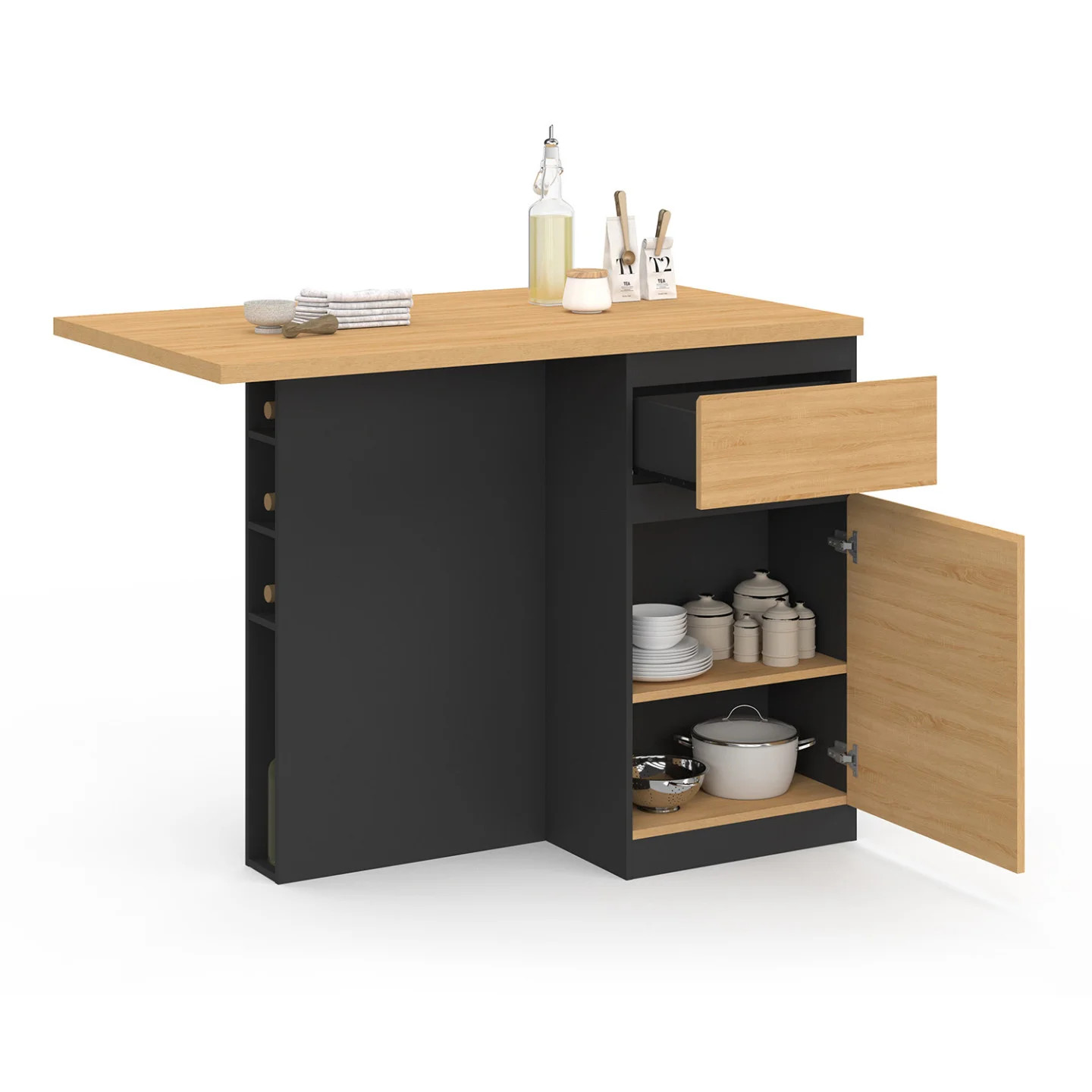 Ilot central TINO bois noir 120 cm : solution gain de place et rangement bouteilles