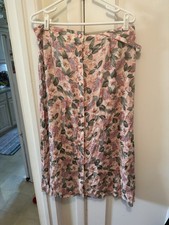 Vintage Pink green White floral button up belted Midi Skirt Size Large