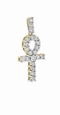 10K Yellow Gold Round Cut Diamond Egyptian Ankh Cross Pendant Mini Charm 0.26 Ct