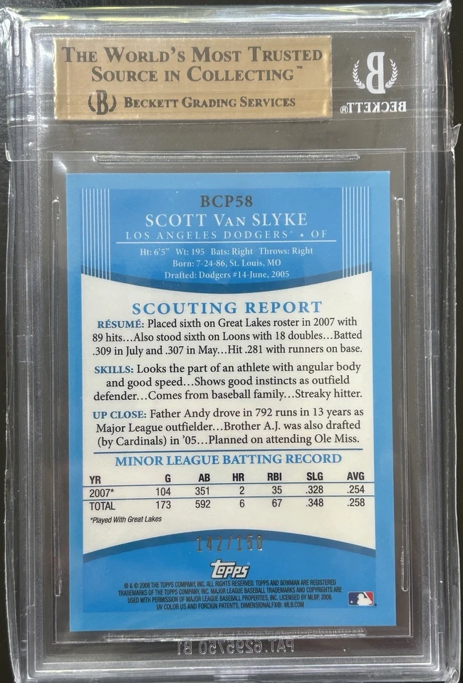 2008 Bowman Chrome - Prospects Scott Van Slyke #BCP58 Blue Refractor /150 BGS9.5 - Image 2 of 2