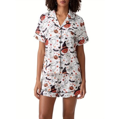 Halloween Ghost Pumpkin Bat Satin Pajama Set Women's M White Spooky 2pc PJ