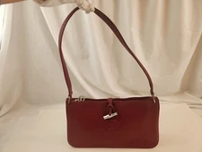 Authentic Longchamp Roseau Red Leather Shoulder Hand Bag Zipper Burgundy