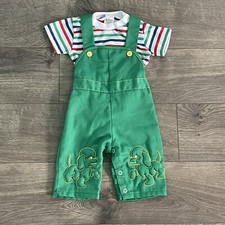 Vintage Sears Green Embroidered Puppy Dog Overalls Infant Outfit