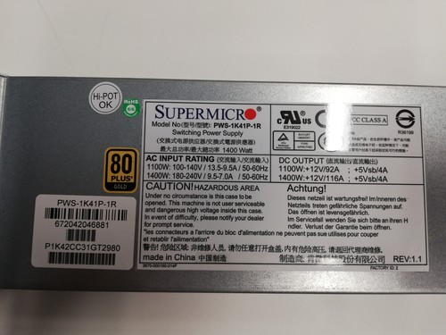Server-Netzteil SUPERMICRO PWS-1K41P-1R, 1400 Watt, 80Plus, gebraucht, sehr gut.