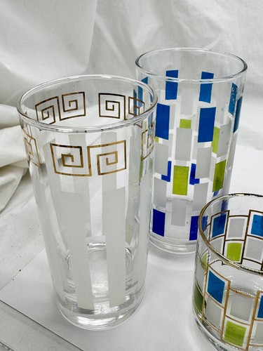 Mid Century Libby 6.25 Water Juice Glasses Nordic Pattern 6 Vintage Greek Key - Picture 10 of 15