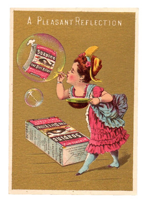 c1890 Soapine Trade Card Dirt Killer Whale Girl Blowing Soap Bubbles Package Box