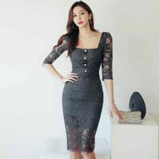 Tubino Vestito Abito Donna Elegante Manica Lunga Ginocchio Nero Pizzo 42023