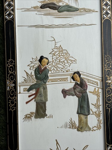 Pair Of Asian Wall Panels Art Screens Chinoiserie Ming Century Vintage 24x10 - Picture 19 of 24