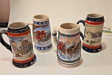 Budweiser Holiday Clydesdales Stein Beer Mug Lot of 4, 1990, 92, 93, and 95