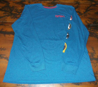 NASA BLUE LONG SLEEVE XL SHIRT WITH ASTRONAUT SPACE SHUTTLE MISSION CREW PATCHES