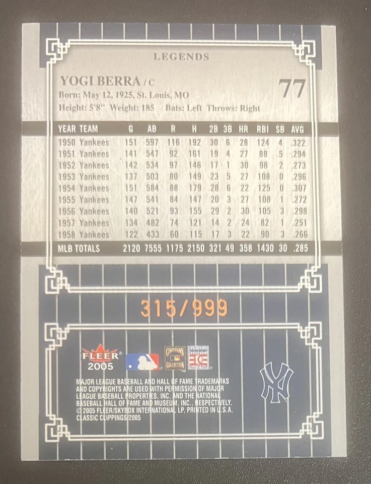 Yogi Berra 2005 Fleer Classic Clippings Legends /999 #77 - New York Yankees - Image 2 of 2