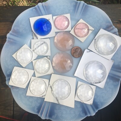 14 vintage GERMANY faceted glass cabochons blue pink clear apricot many sizes~