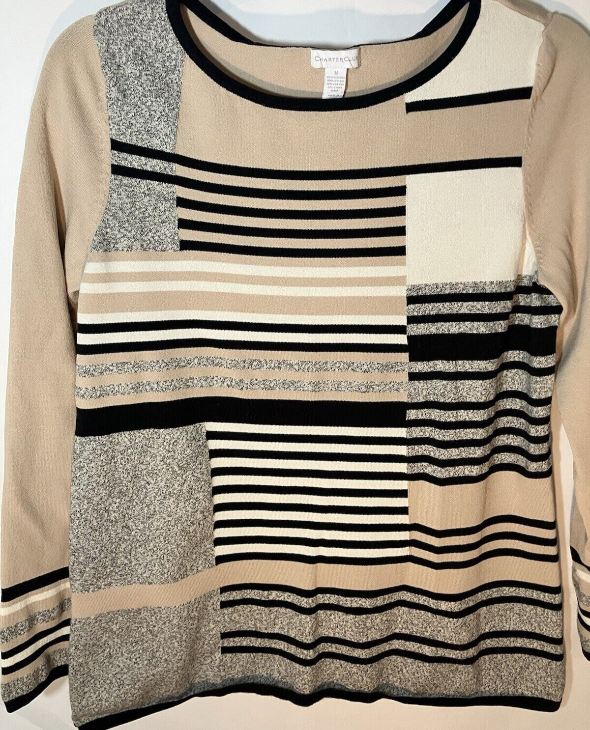 Charter Club Med long sleeve cardigan sweater beige black white business casual