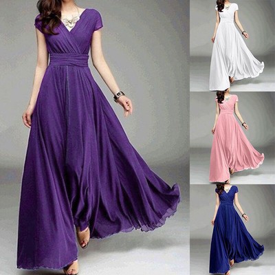 Damen Chiffon Lang Formelle Ball Abend Kleid Party V-Ausschnitt Dress Fashion